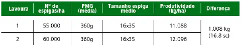 tabela comparativa que analisa os resultados de produtividade entre duas lavouras de milho, identifica
