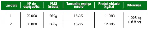 tabela comparativa que analisa os resultados de produtividade entre duas lavouras de milho, identifica
