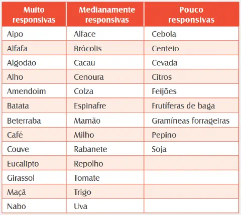 uma tabela informativa que classifica diversas culturas agrícolas em três categorias de acordo com seu nível d
