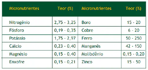 uma tabela informativa, com fundo branco e cabeçalho verde escuro, que detalha os teores ideais de nutrientes