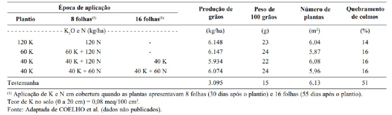 Tabela: Efeito da Adubação de K e N na Produtividade uma tabela de dados técnicos proveniente de um estudo agrícola, comparando diferentes estratégias de adubação