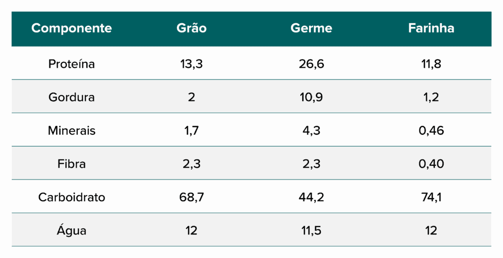 Tabela Nutricional Comparativa: Grão, Germe e Farinha uma tabela comparativa que detalha a composição nutricional de um grão e seus subprodutos, o germe e a farinha