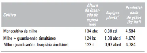 uma tabela de dados comparativos, resultado de um estudo agrícola, que analisa o desempenho do milho sob difer