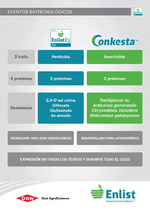 Este é um infográfico técnico que detalha os eventos biotecnológicos presentes na soja com a tecnologia Conkesta Enlist E3. A