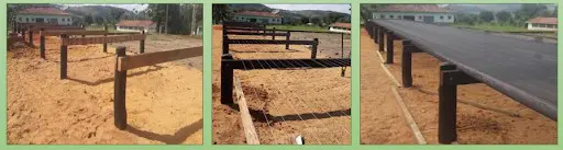 montagem de três fotografias que ilustram as etapas de construção e utilização de terreiros suspensos, também