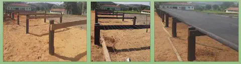 montagem de três fotografias que ilustram as etapas de construção e utilização de terreiros suspensos, também