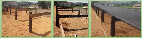 montagem de três fotografias que ilustram as etapas de construção e utilização de terreiros suspensos, também