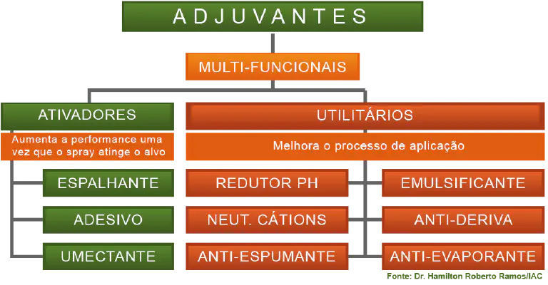 Tipos de Adjuvantes Agrícolas: Guia de Classificação infográfico em formato de organograma que classifica os adjuvantes agrícolas. Com um fundo preto para d