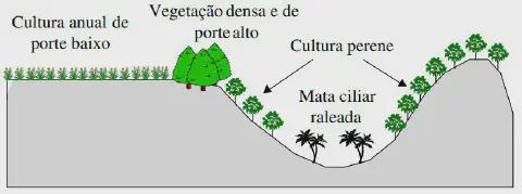 diagrama esquemático de um corte transversal de uma paisagem rural, ilustrando diferentes formas de uso do