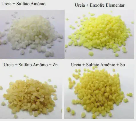Tipos de Fertilizantes: Ureia com Enxofre e Zinco montagem fotográfica dividida em quatro quadrantes, cada um exibindo uma amostra de fertilizante granulado sob