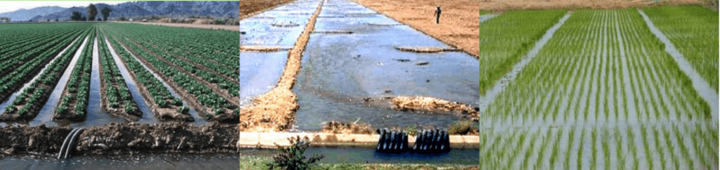composição de três fotografias que demonstram diferentes métodos de irrigação por superfície. A cena da esquer