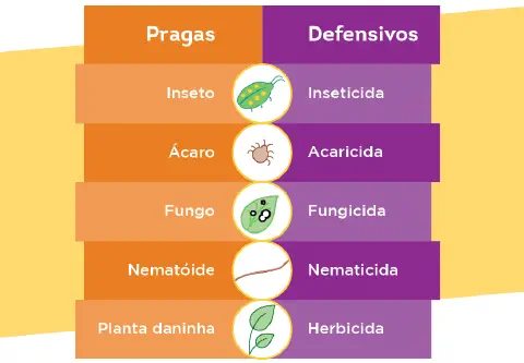 infográfico educacional que ilustra a correlação entre diferentes tipos de pragas agrícolas e os defensivos esp