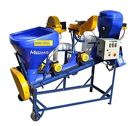 Tratador de Sementes Mecmaq: Análise e Funcionalidades uma máquina agrícola para tratamento de sementes, modelo ‘TURBO LONGA’ da marca Mecmaq, sobre um fundo branco.