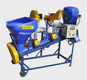 uma máquina agrícola para tratamento de sementes, modelo 'TURBO LONGA' da marca Mecmaq, sobre um fundo branco.