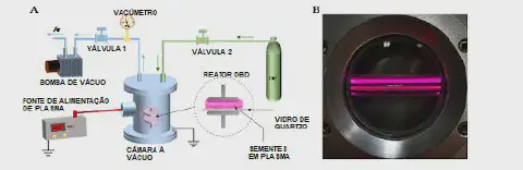 duas partes, A e B, que ilustram o processo de tratamento de sementes com plasma frio. A parte A é um