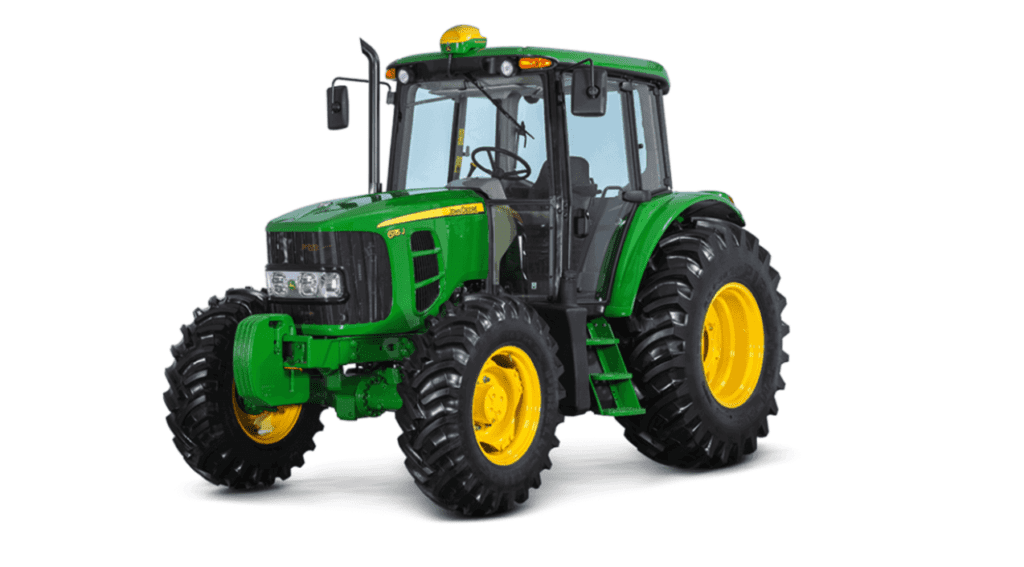 trator agrícola da marca John Deere, modelo 6130J, em um fundo branco e limpo. O veículo é apresentado em u