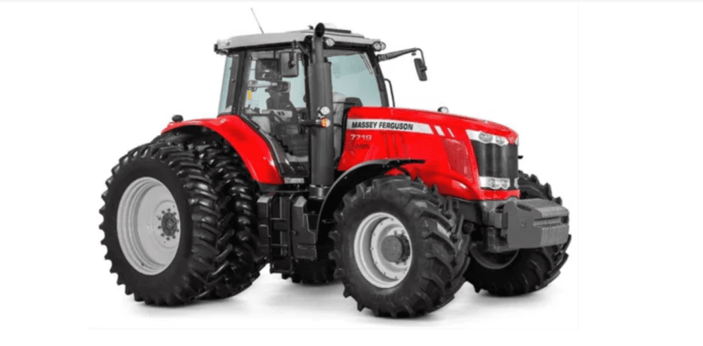 trator agrícola moderno da marca Massey Ferguson, modelo 7719, em um fundo branco e limpo. O veículo é apre