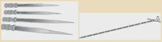 Caladores simples para sacarias (esquerda) e sonda manual para amostragem de grãos a granel (direita) Ilustrações de caladores simples para sacarias e sonda manual para grãos a granel.