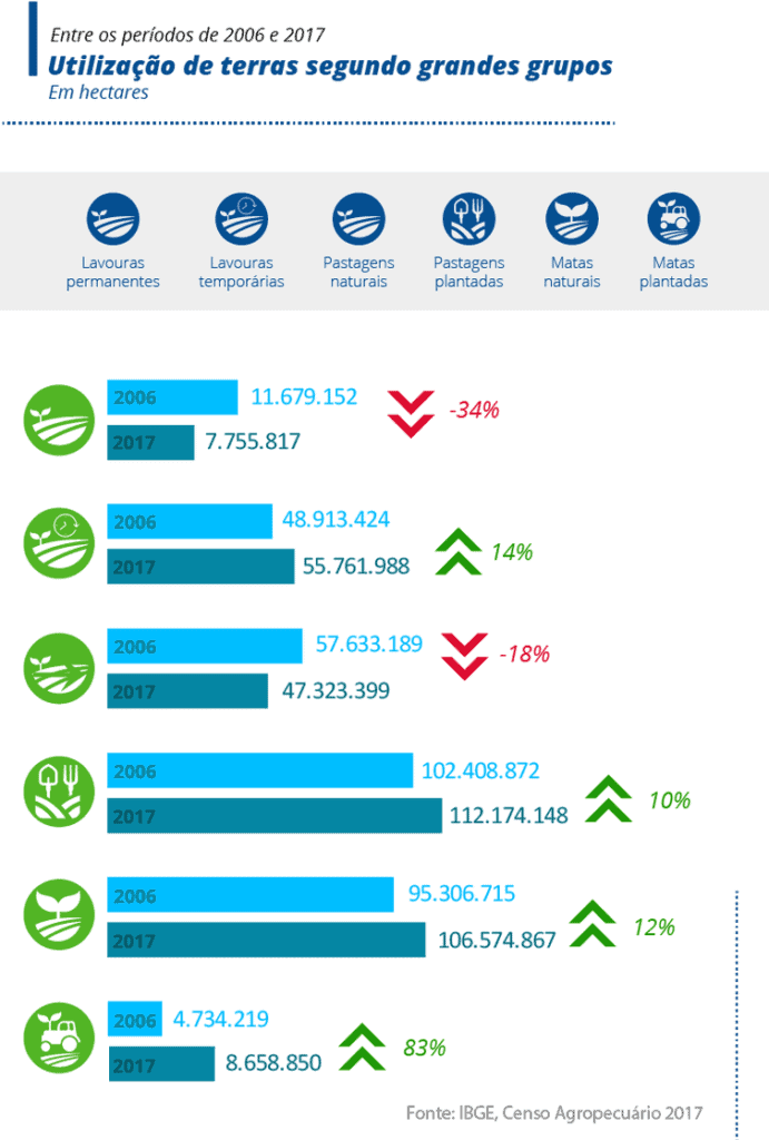 Infográfico: uso de terras por grupos no Brasil - comparação 2006 e 2017