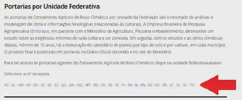 uma captura de tela de uma página web informativa sobre o Zoneamento Agrícola de Risco Climático (ZARC). O tít
