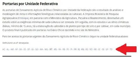 uma captura de tela de uma página web informativa sobre o Zoneamento Agrícola de Risco Climático (ZARC). O tít