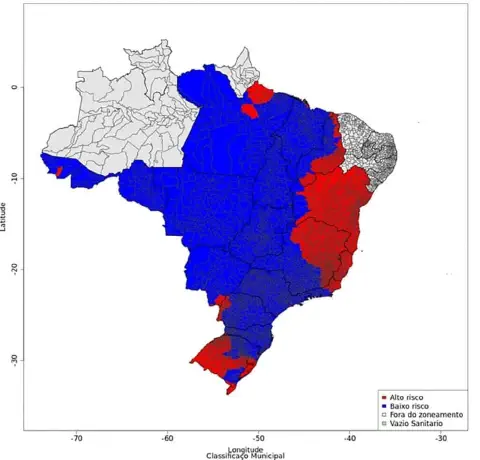 mapa do Brasil dividido por municípios, apresentando uma classificação de risco para atividades agrícolas.