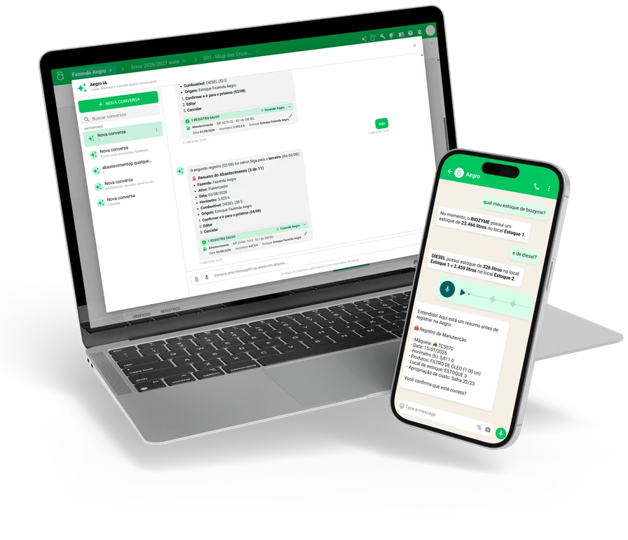 Notebook com o Aegro aberto na conversa do Aegrozap e celular exibindo o registro de abastecimento e manutenção feito por WhatsApp.
