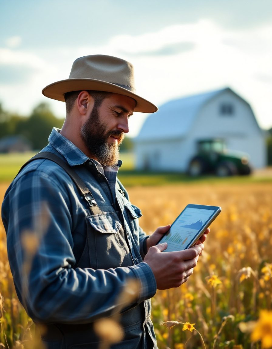 Produtor rural utilizando tablet com segurança em lavoura