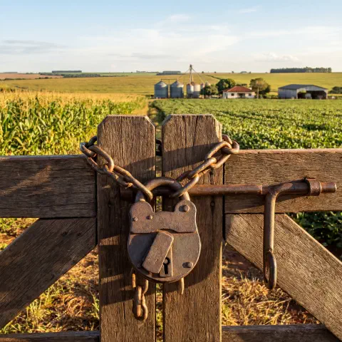 Porteira de fazenda com cadeado simbolizando segurança de dados no agronegócio