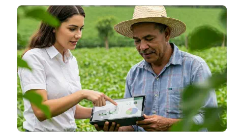 Contador ajudando pequeno produtor com documentos financeiros.