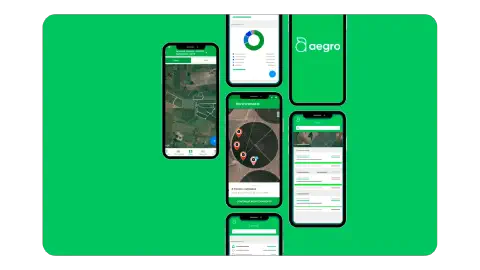 Celular mostrando os aplicativos Aegro Campo e Aegro Negócios.