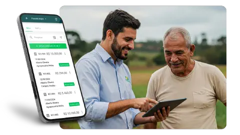 Consultor ajudando pequeno produtor a usar o Aegro.