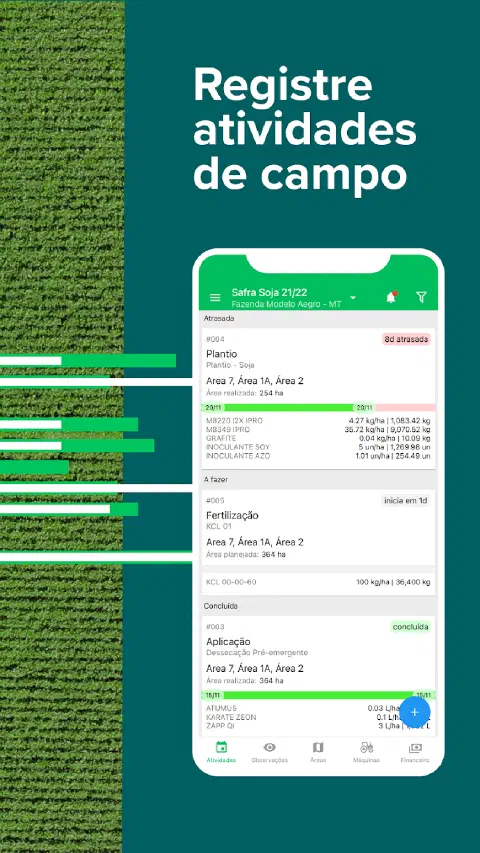 Tela de registro de atividades no aplicativo Aegro Campo
