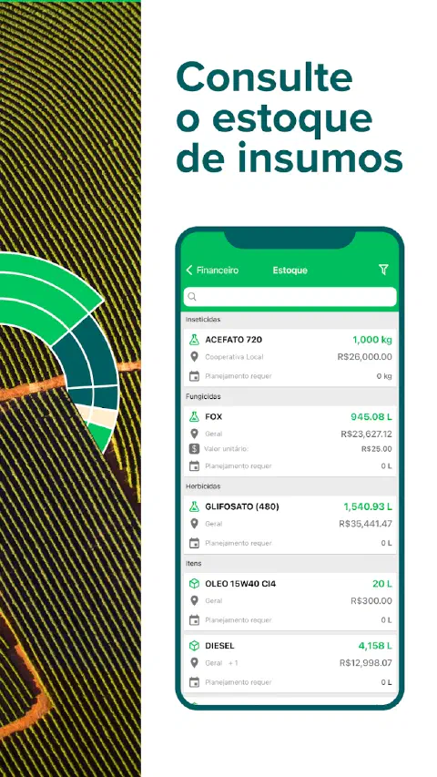 Tela de consulta de estoque no aplicativo Aegro Campo