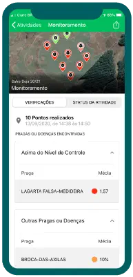 Tela de monitoramento de pragas no aplicativo Aegro Campo