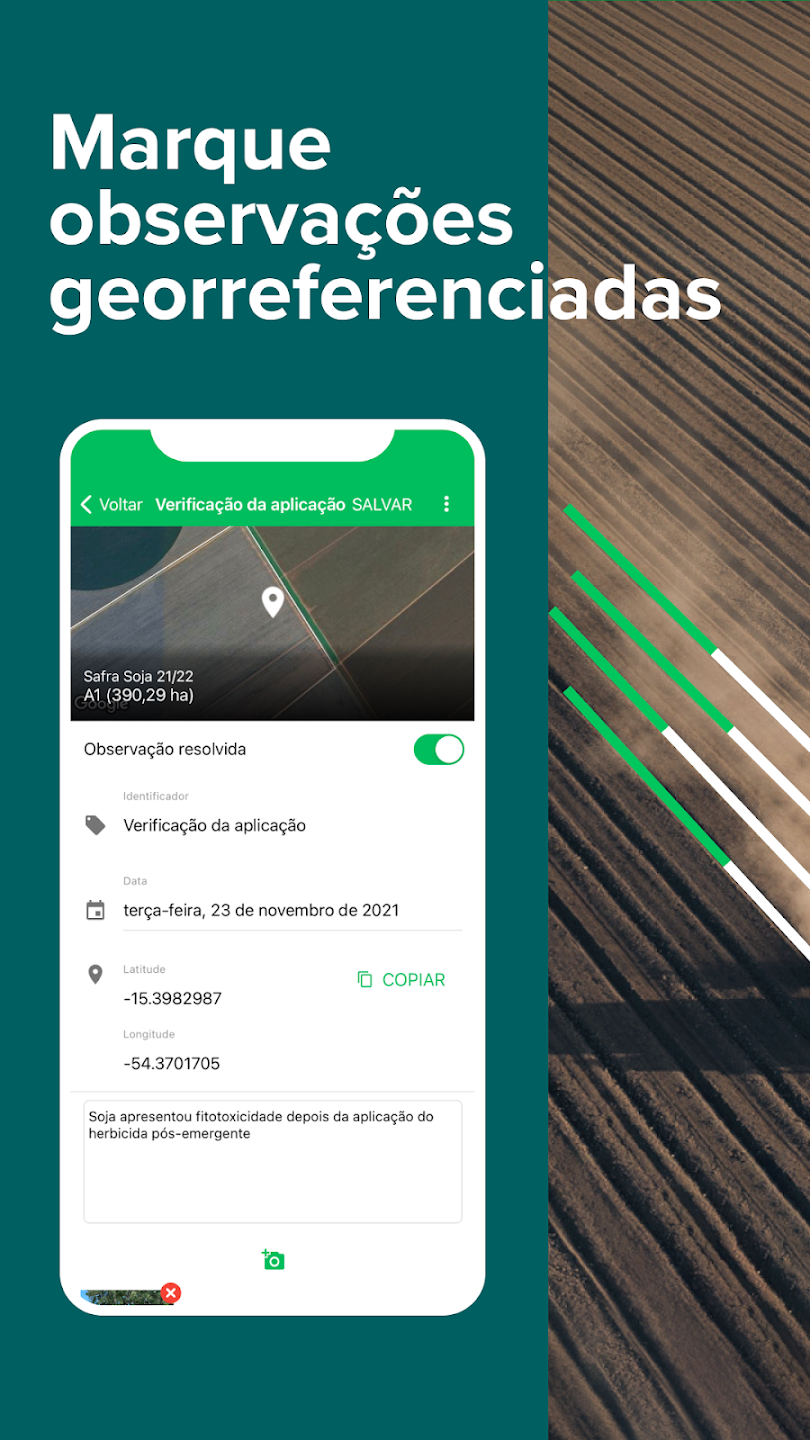 Tela de observações georreferenciadas no aplicativo Aegro Campo