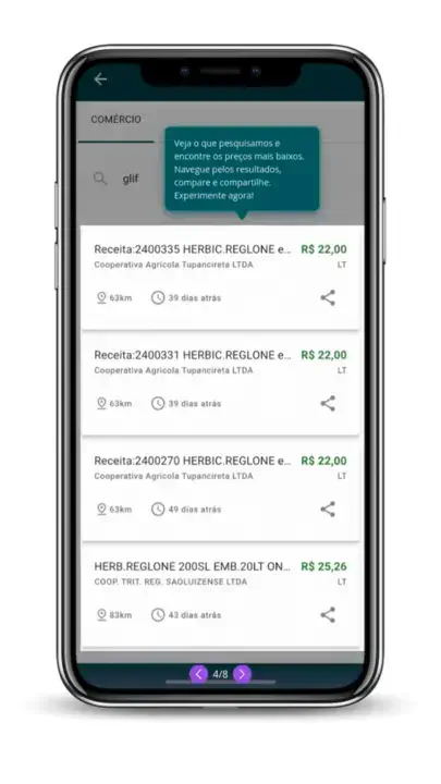 Demonstração do comparador de preços no aplicativo Aegro Negócios