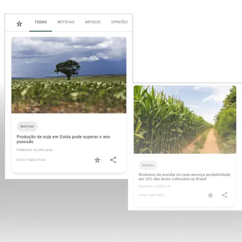Tela de notícias e mercado no aplicativo Aegro Negócios