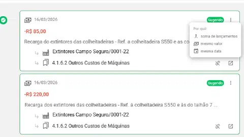 Sugestão de conciliação do Aegro com o quadro Por quê, mostrando soma de lançamentos, mesmo valor e mesma data