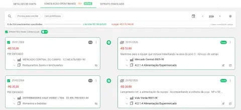 Aba Conciliação Open Finance do Aegro, com o extrato do dia ao lado dos lançamentos e o vínculo sugerido entre eles