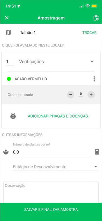 Tela de registro de amostragem com dados de plantas e estágio