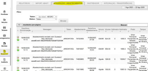 Tela de integração de abastecimentos no CTA Smart