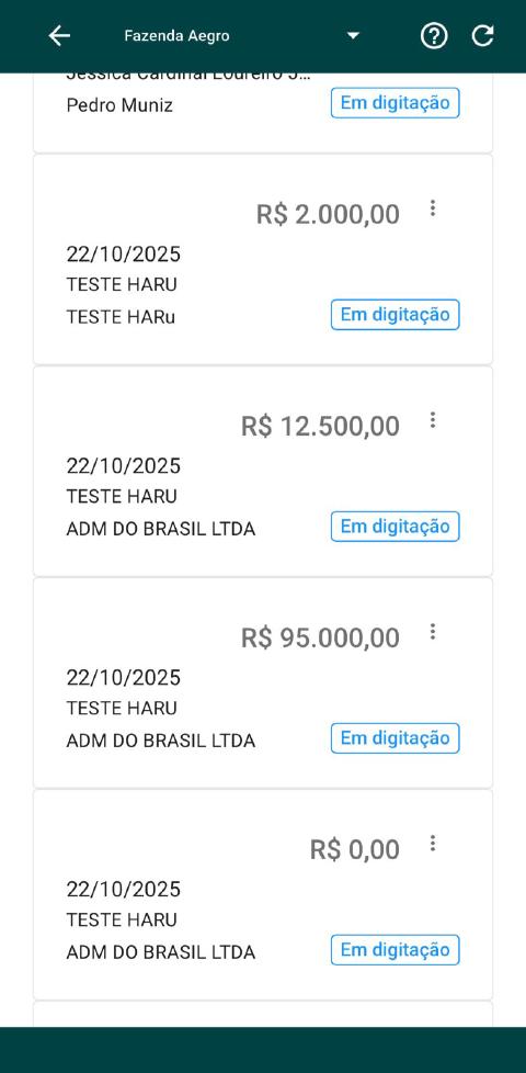 Lista de notas no aplicativo Aegro Negócios