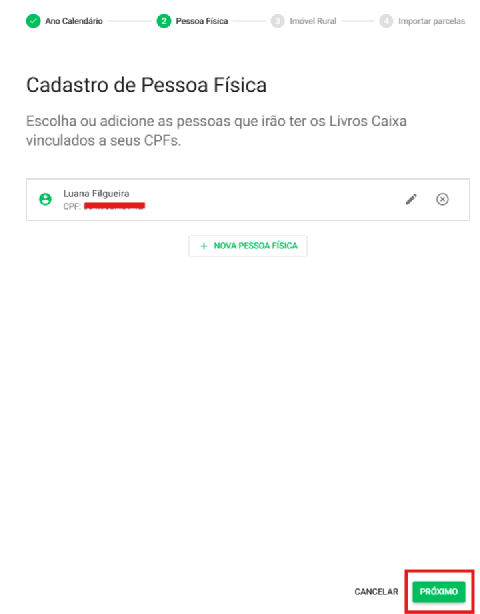 Tela de cadastro de pessoas físicas vinculadas ao LCDPR
