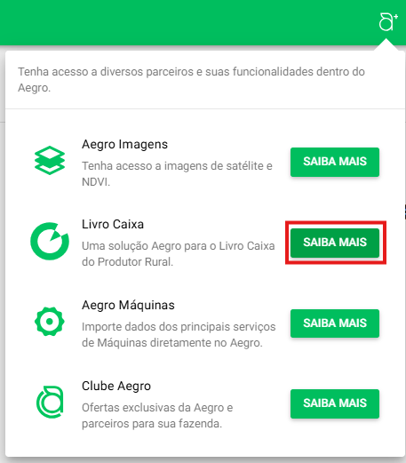 Botão SAIBA MAIS do Livro Caixa na área de Integrações do Aegro