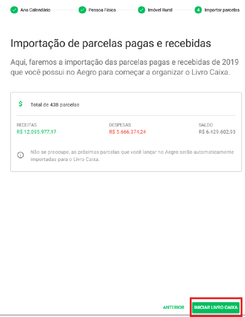 Tela de confirmação para iniciar o Livro Caixa após importação