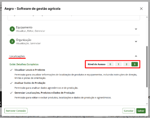 Seção Localizações com nível de acesso 3 selecionado