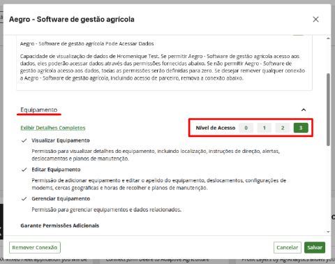 Seção Equipamento com nível de acesso 3 selecionado