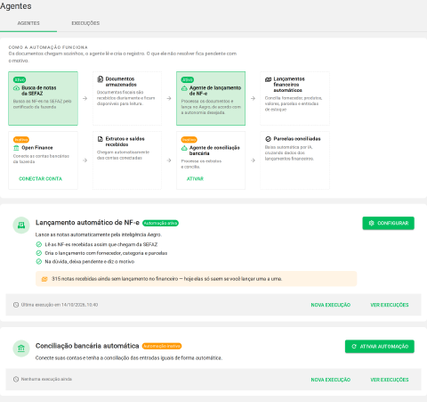 Aba Agentes com o quadro da automação e os cards
