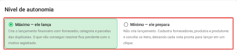 Os dois níveis de autonomia no formulário de ativação do agente